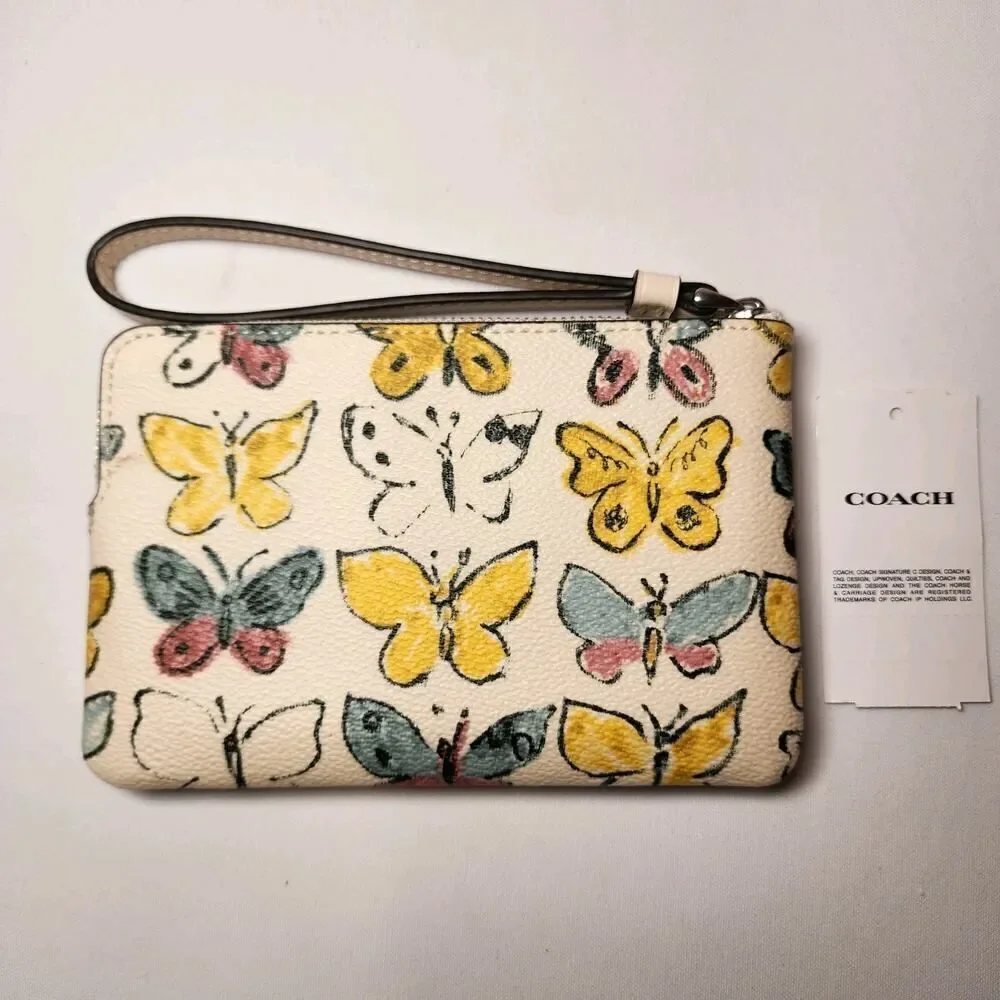 NWT Coach CAQ55 Corner Zip Wristlet Chalk Yellow Butterfly Printed Canvas V1